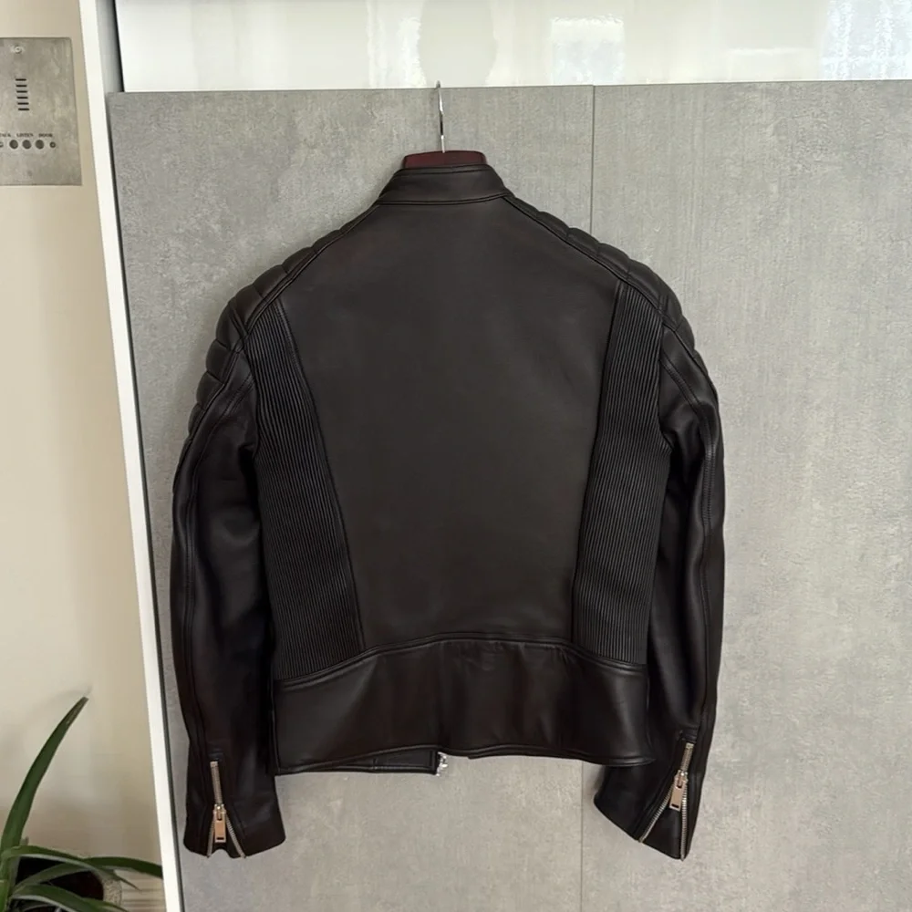 Sandro PERFECTO Black Classic Leather Jacket with Quilted Shoulders